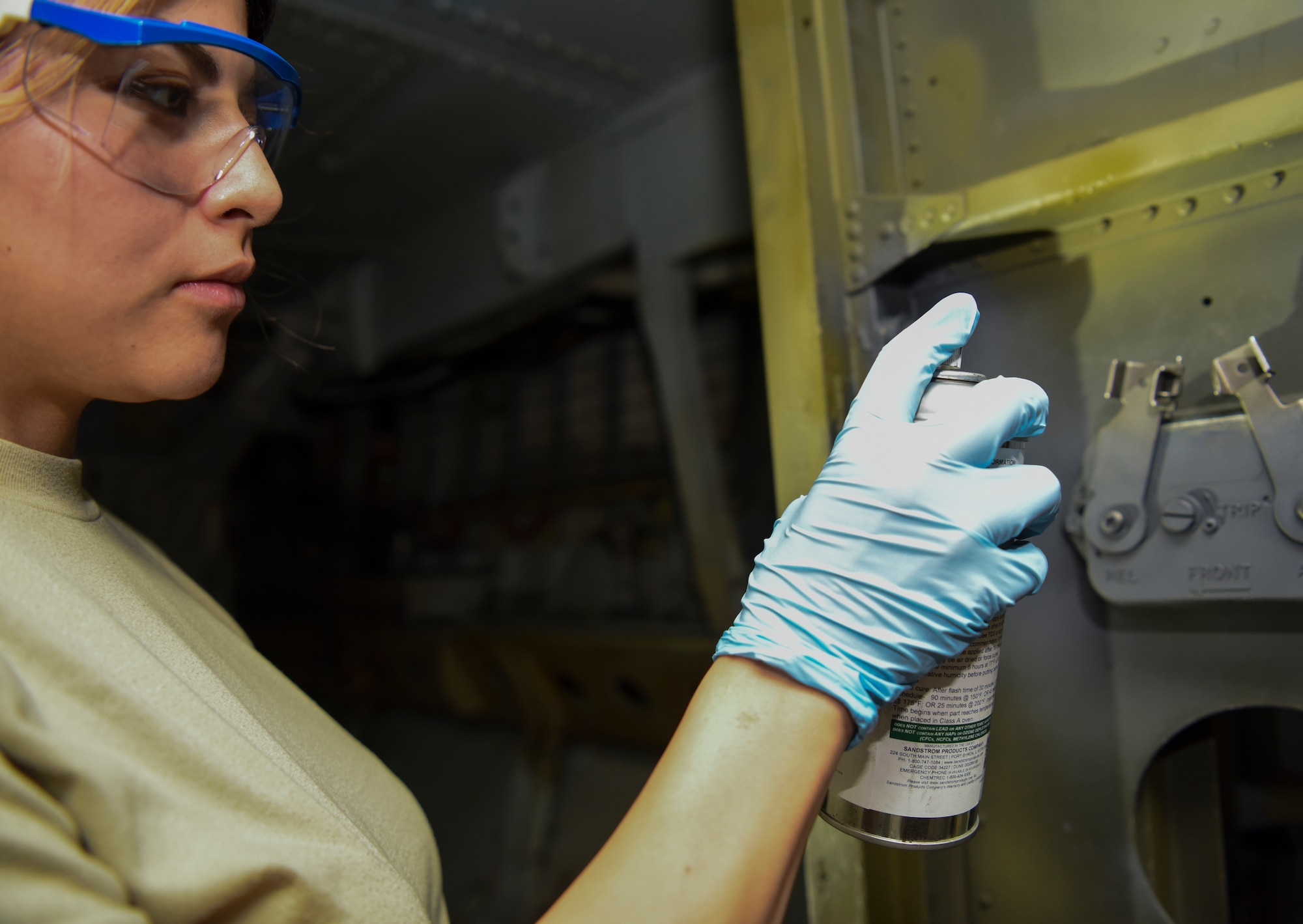 Airman 1st Class Jannette Juarez, 36th Expeditionary Aircraft Maintenance Squadron aircraft armament systems specialist, works in a 69th Expeditionary Bomb Squadron B-52 Stratofortress on Andersen Air Force Base, Guam, Aug. 7, 2019.