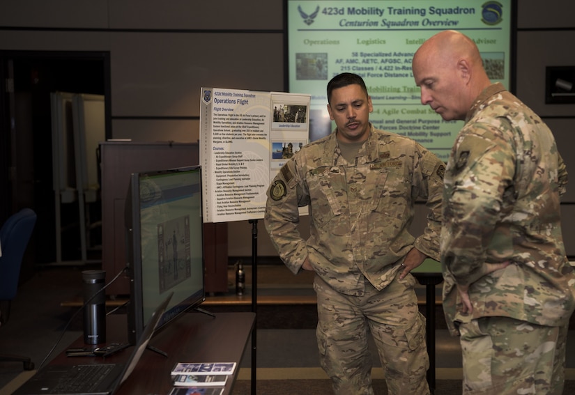 U.S. Air Force Tech. Sgt. Andres Fossi, 423rd Mobility Training Squadron technical manager and combat support doctor, teaches U.S. Air Force Chief Master Sgt. Chris Simpson, 18th Air Force command chief about the mission of the squadron during a tour on Joint Base McGuire-Dix-Lakehurst, N.J., Aug. 2, 2019. Fossi showcased the numerous courses the 423rd MTS provides that contributes to Air Mobility Command’s mission of rapid global mobility. (U.S. Air Force photo by Airman 1st Class Ariel Owings)