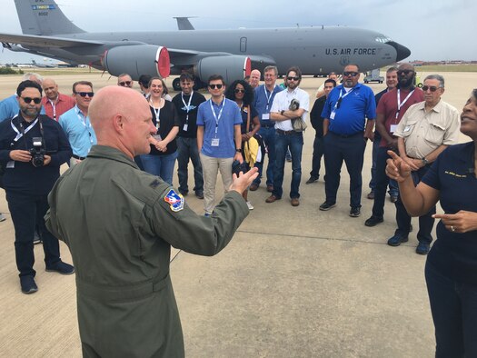 The 507th Air Refueling Wing Commander, Col. Miles Heaslip, speaks to employers of 433rd Airlift Wing Reserve Citizen Airmen at Tinker Air Force Base, Oklahoma, Aug. 3, 2019. The employers, from the San Antonio, Texas, area, were on an Employer Support of Guard and Reserve's Bosslift tour. (U.S. Air Force photo by 2nd Lt. Callie McNary)