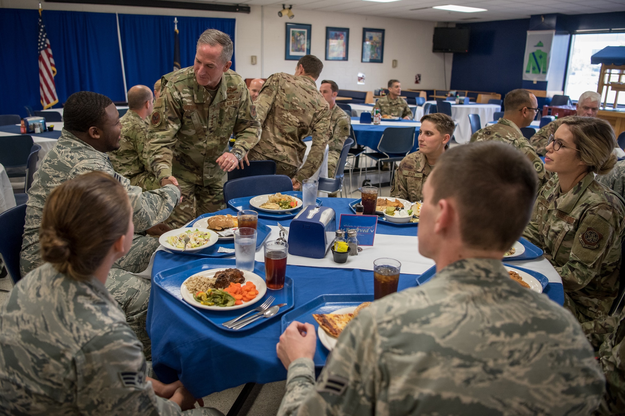 Air Force Chief of Staff Gen. David L. Goldfein greets Airmen as he tours the Kentucky Air National Guard base in Louisville, Ky., Aug. 10, 2019. During his visit, Goldfein saw various work centers, learning about the unique mission sets of the 123rd Airlift Wing. (U.S. Air National Guard photo by Staff Sgt. Joshua Horton)