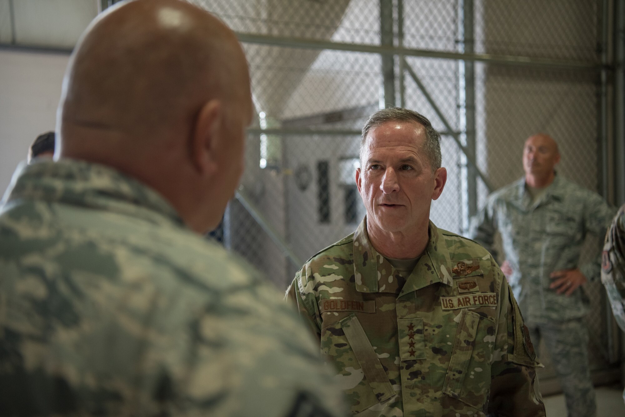 Air Force Chief of Staff Gen. David L. Goldfein speaks with Airmen as he tours the Kentucky Air National Guard base in Louisville, Ky., Aug. 10, 2019. During his visit, Goldfein saw various work centers, learning about the unique mission sets of the 123rd Airlift Wing. (U.S. Air National Guard photo by Staff Sgt. Joshua Horton)