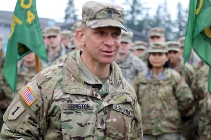 Command Sgt. Maj. Michael Grinston, senior enlisted leader for Army Forces Command, presents the FORSCOM Eagle Award during a ceremony Jan. 9, 2019. Grinston was sworn in as the 16th sergeant major of the Army Aug. 9. As the top enlisted leader in the Army, one of his priorities will be for Soldiers to master the fundamentals -- the basic individual combat tasks and skills they should all know.