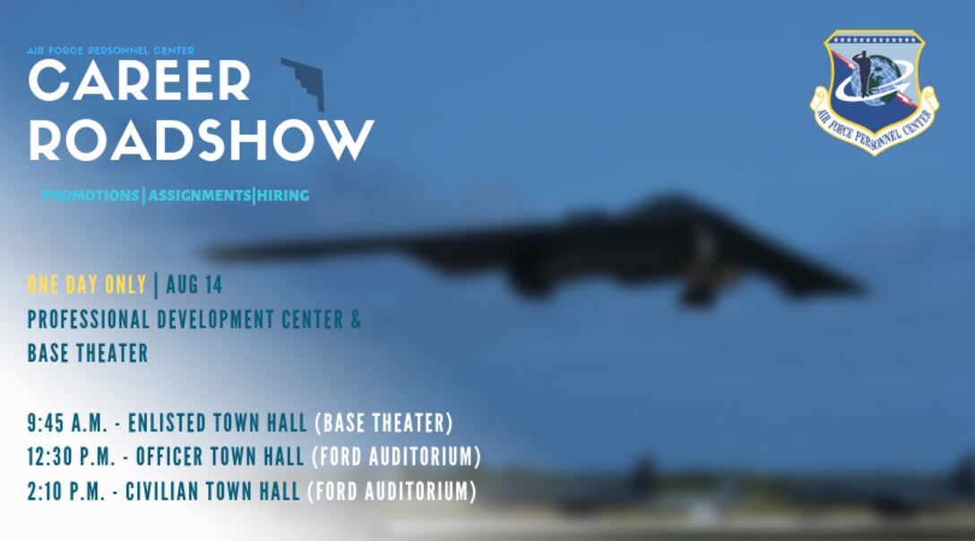 The Air Force Personnel Center will be visiting Whiteman Air Force Base Aug. 14, as part of a roadshow to inform Airmen and answer questions regarding personnel actions, assignments and hiring. The team will host three town halls—one tailored for the needs of enlisted Airmen, one for officers and one for civilian employees. They will also meet with 509th Force Support Squadron senior leaders to ensure the personnel enterprise is synced and effective. (U.S. Air Force Graphic by Tech. Sgt. Alexander W. Riedel)