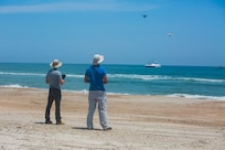 Jared Soltis (left) and Owen McGarity, engineers in the Sea-Based Aviation and Aeronautics Branch (Code 882) at Naval Surface Warfare Center, Carderock Division, pilot unmanned aerial systems (UAS) on July 15, 2019, at the beach on Camp Lejeune, North Carolina, during the Advanced Naval Technology Exercise (ANTX) East. As part of the Red Team, McGarity and Soltis acted as the adversary for counter-UAS technologies that were being demonstrated. (U.S. Marine Corps photo by Cpl. Michael Parks/Released)