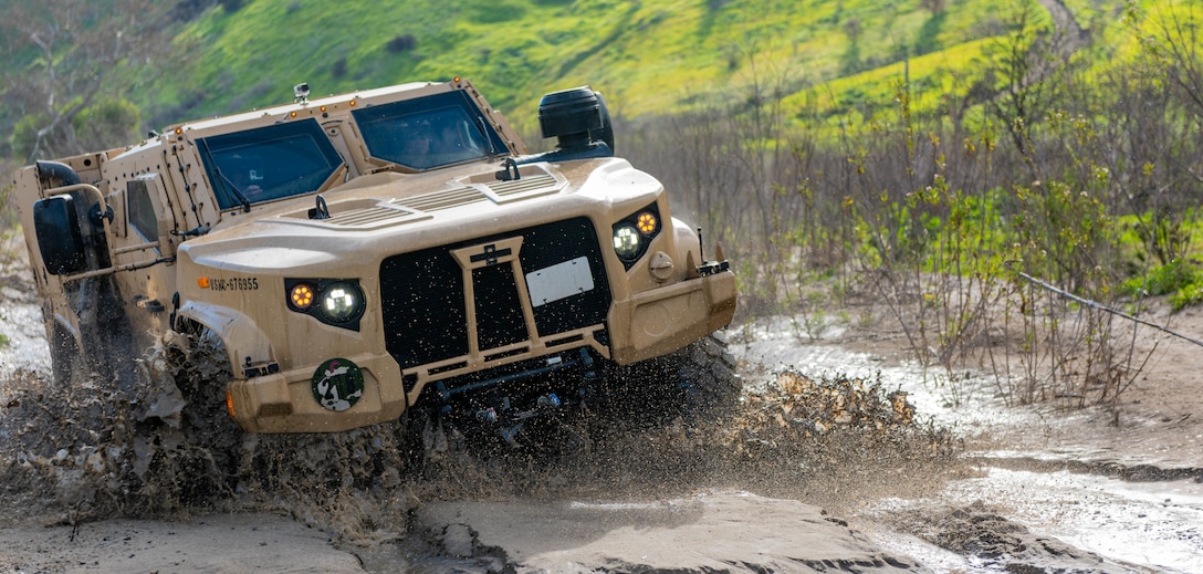 A Joint Light Tactical Vehicle displays its overall capabilities during a live demonstration at the School of Infantry West, Marine Corps Base Camp Pendleton, California, Feb. 27, 2019. The JLTV consists of multiple platforms capable of completing a variety of missions while providing increased protection and mobility for personnel across the Marine Corps.