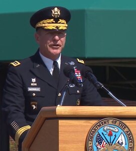 Army Gen. James C. McConville speaks during a ceremony at Joint Base Myer-Henderson Hall, Virginia, Aug. 9 in which he succeeded Army Gen. Mark A. Milley as Army chief of staff.