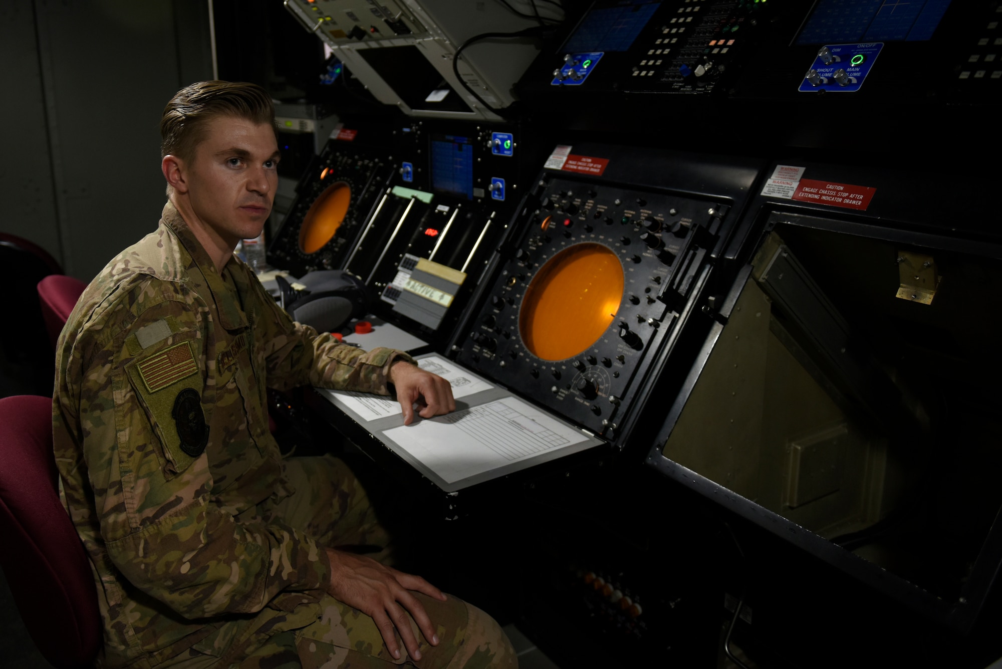 U.S. Air Force Tech. Sgt. James Bellissimo, controller with the 235th Air Traffic Controller Squadron, demonstrates the use of tactical radar equipment in New London, N.C., Aug. 3rd, 2019. The North Carolina Air National Guard, along with New Hampshire and Maine Air National Guard, flew to Ramstein Air Base, Germany to work with active duty 1st Combat Communications Squadron. The Air National Guard units assisted in training the active duty unit with set-up, use, and tear-down of a mobile tower and deployable tactical air navigation system.