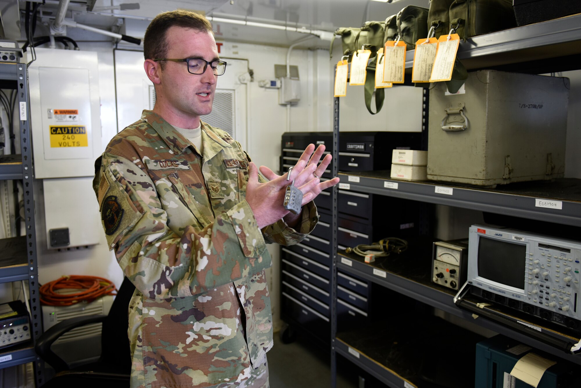 U.S. Air Force Staff Sgt. William Lucas, radar airfield weather systems technician with the 235th Air Traffic Controller Squadron, demonstrates the use of tactical radar equipment in New London, N.C., Aug. 3rd, 2019. The North Carolina Air National Guard, along with New Hampshire and Maine Air National Guard, flew to Ramstein Air Base, Germany to work with active duty 1st Combat Communications Squadron. The Air National Guard units assisted in training the active duty unit with set-up, use, and tear-down of a mobile tower and deployable tactical air navigation system.