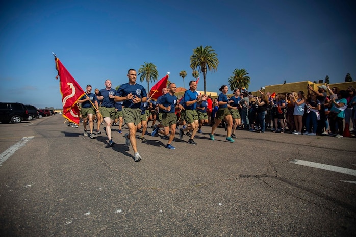 The new Marines of India Company, 3rd Recruit Training Battalion, conduct a motivational run at Marine Corps Recruit Depot San Diego, Aug. 8.