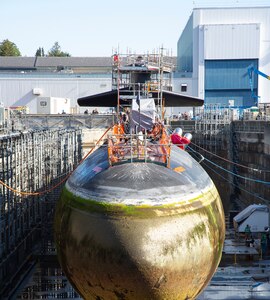 USS Pittsburgh (SSN 720) awaits inactivation in dry dock at Puget Sound Naval Shipyard & Intermediate Maintenance Facility.