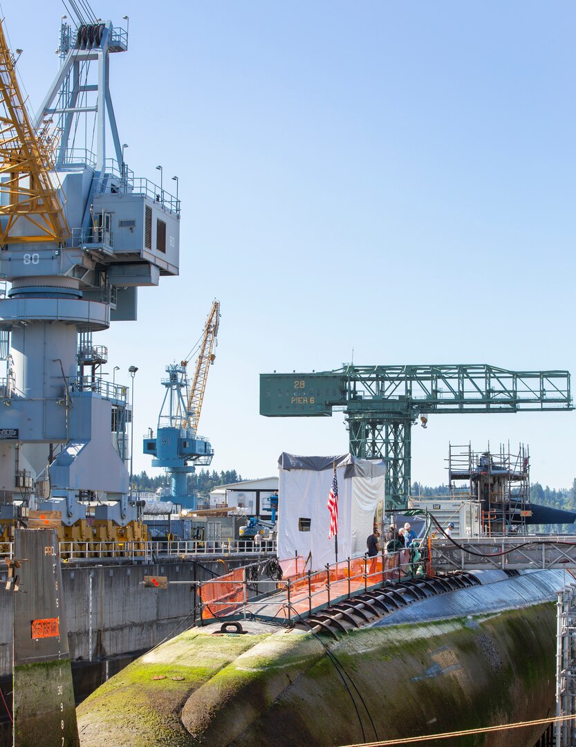 USS Pittsburgh (SSN 720) awaits inactivation in dry dock at Puget Sound Naval Shipyard & Intermediate Maintenance Facility.