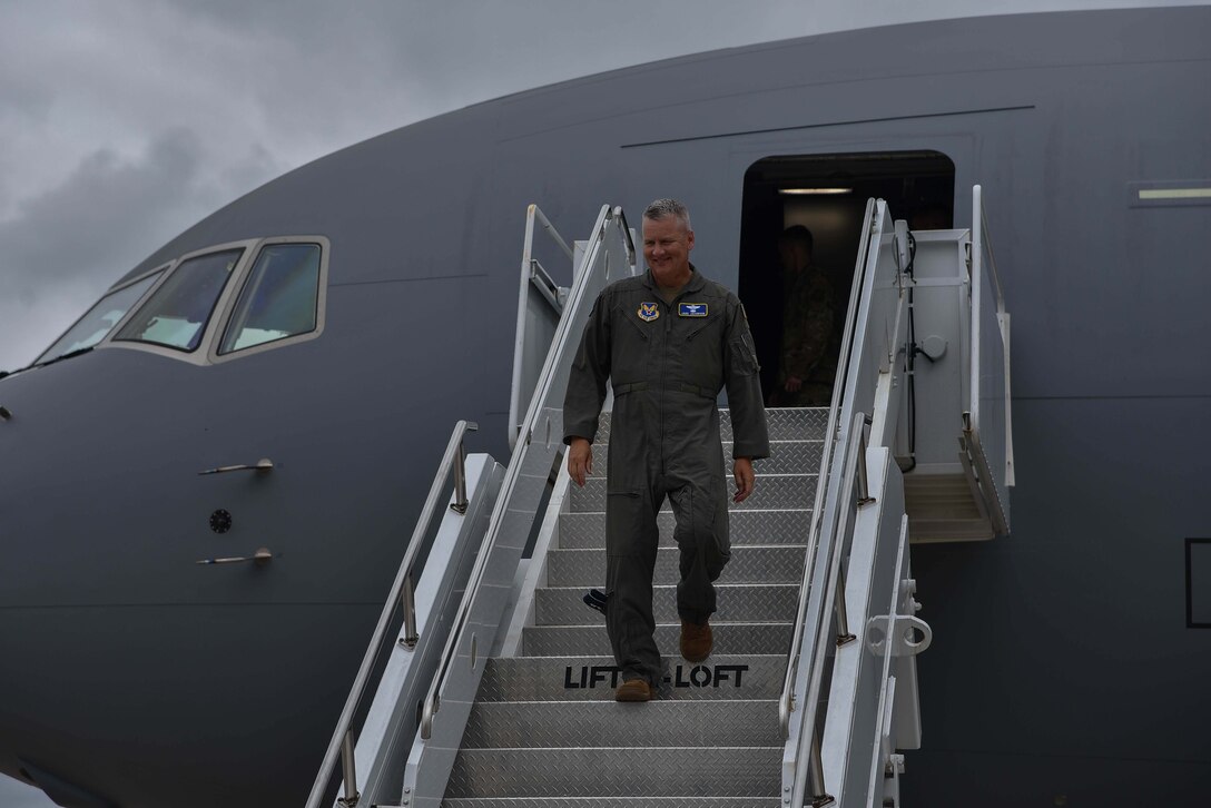 Maj. Gen. James Jacobson, Headquarters Air Force director of training and deputy chief of staff for operations, plans and requirements, departs the 9th KC-46A Pegasus delivered August 9, 2019, at McConnell Air Force Base, Kan. McConnell has now received nine out of 36 KC-46’s that will be delivered to the base. (U.S. Air Force photo by Airman 1st Class Marc A. Garcia)