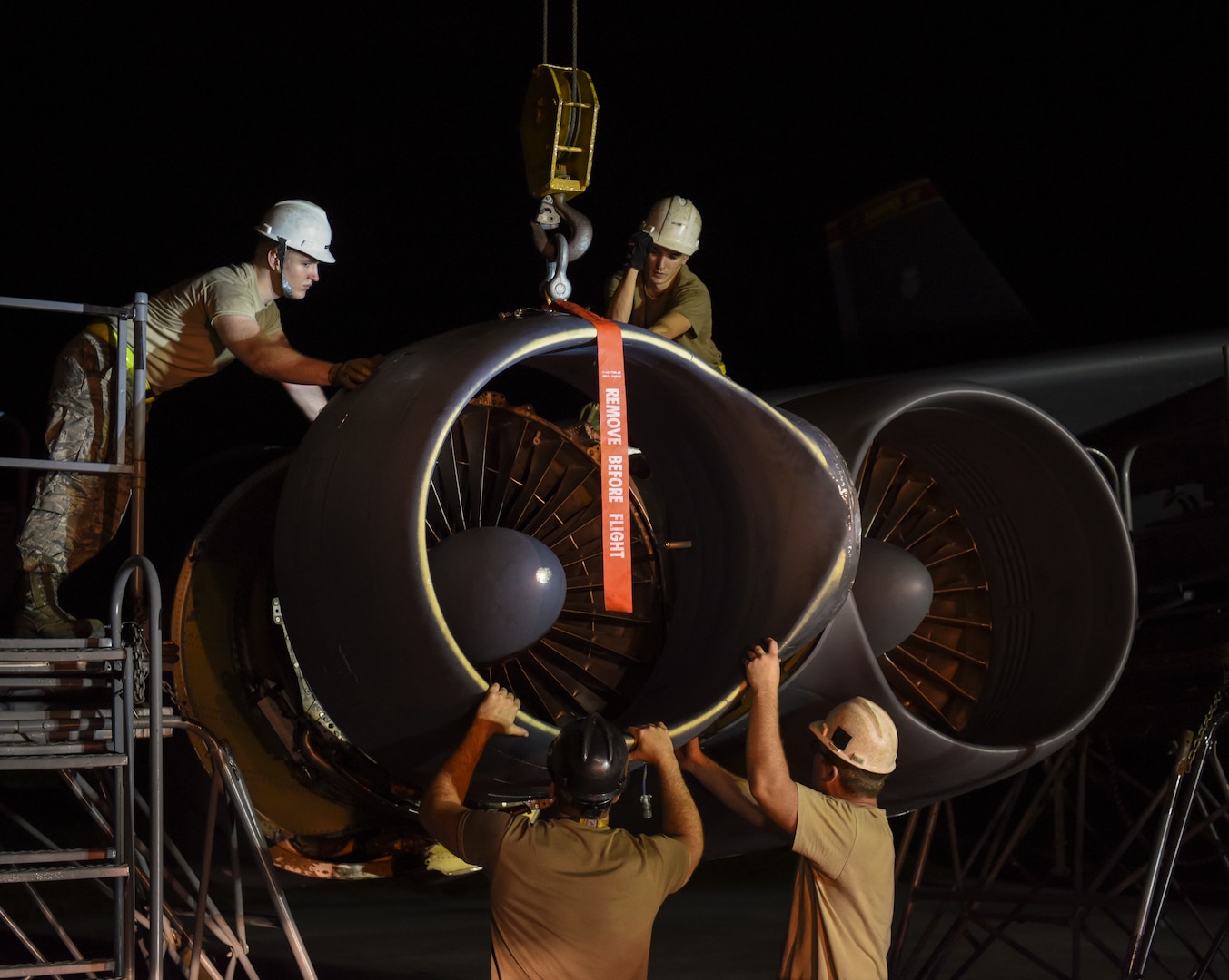 36th Expeditionary Aircraft Maintenance Squadron Airmen install a ring cowl on a 69th Expeditionary Bomb Squadron B-52 Stratofortress  on Andersen Air Force Base, Guam, Aug. 7, 2019. The 36th EAMXS positions maintainers  around the clock to respond at a moments notice in support of the Continuous Bomber Presence in the Indo-Pacific. (U.S. Air Force photo by Airman 1st Class Michael S. Murphy)