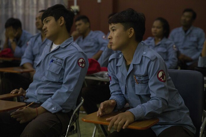 EOD Technicians with Cambodian Mine Action Center, participates in Explosive Ordnance Disposal (EOD) Level 2 instruction during Humanitarian Mine Actions (HMA) Cambodia in Kampong Chhnang, Cambodia, Aug. 1, 2019. HMAs are reoccurring events that instruct partner nations’ on tactics, techniques and procedures. This instruction on EOD and tactical combat casualty care capabilities will save lives and relieve human suffering. (U.S. Marine Corps photo by Sgt Stephanie Cervantes)