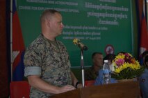 U.S. Marine Corps Lt. Col Henry W. Soukup speaks during Explosive Ordnance Disposal (EOD) Level 2 graduation ceremony for EOD Technicians with Cambodian Mine Action Center during Humanitarian Mine Actions (HMA) Cambodia in Kampong Chhnang, Cambodia, Aug 2, 2019. HMAs are reoccurring events that instruct partner nations’ on tactics, techniques and procedures. This instruction on EOD and tactical combat casualty care capabilities will save lives and relieve human suffering. (U.S. Marine Corps photo by Sgt Stephanie Cervantes)