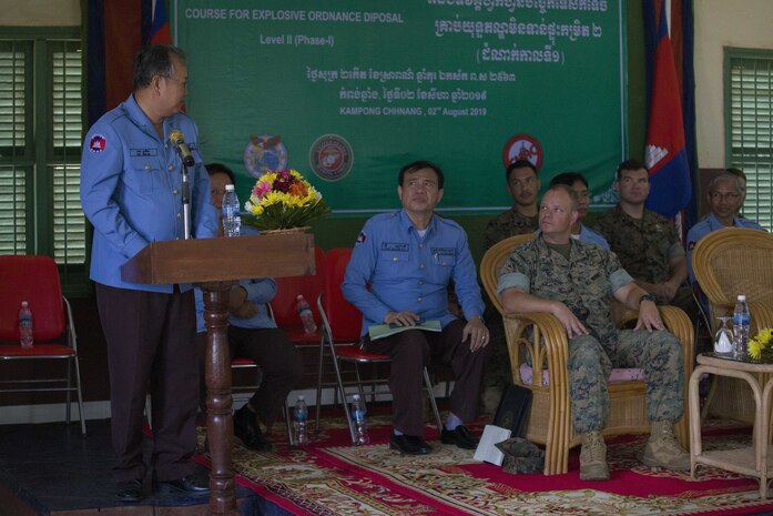 U.S. Marines take part in Explosive Ordnance Disposal (EOD) Level 2 graduation ceremony for EOD Technicians with Cambodian Mine Action Center (CMAC) during Humanitarian Mine Actions (HMA) Cambodia in Kampong Chhnang, Cambodia Aug 2, 2019. HMAs are reoccurring events that instruct partner nations’ on tactics, techniques and procedures. This instruction on EOD and tactical combat casualty care capabilities will save lives and relieve human suffering. (U.S. Marine Corps photo by Sgt Stephanie Cervantes)