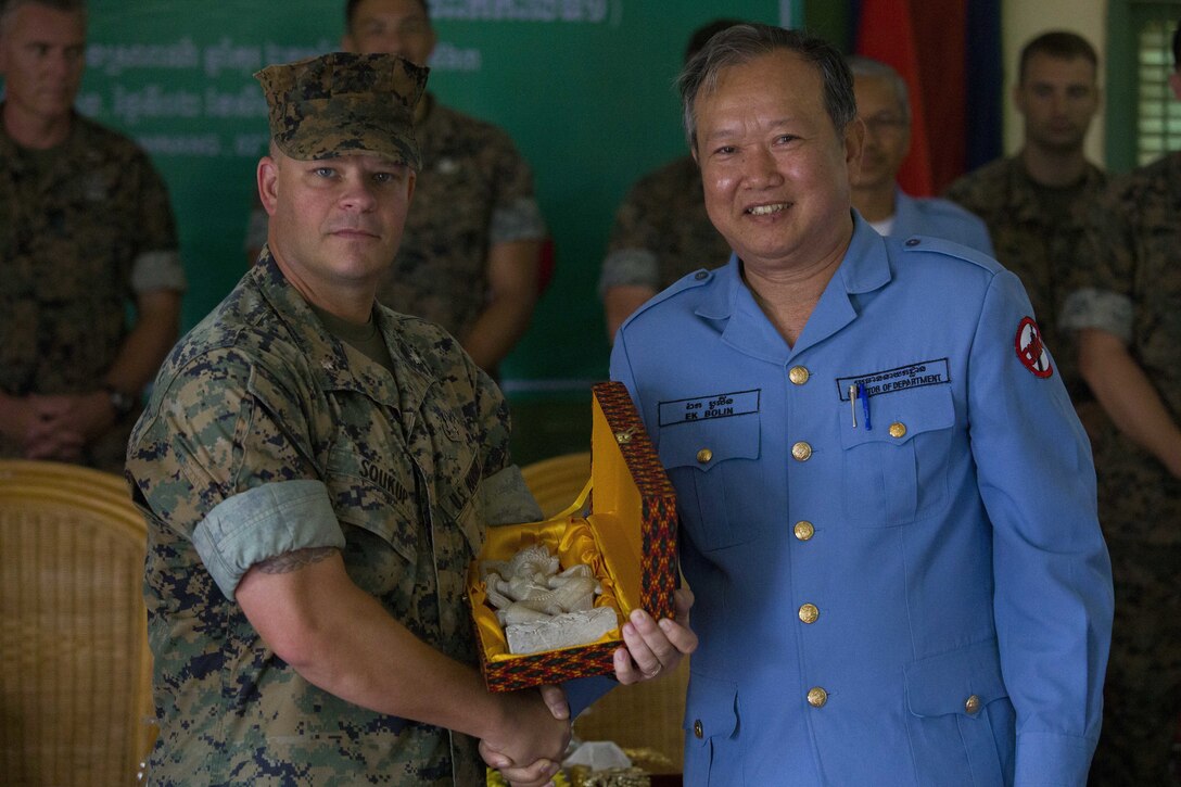 U.S. Marine Corps Lt. Col Henry W. Soukup takes part in Explosive Ordnance Disposal (EOD) Level 2 graduation ceremony for EOD Technicians with Cambodian Mine Action Center during Humanitarian Mine Actions (HMA) Cambodia in Kampong Chhnang, Cambodia, Aug 2, 2019. HMAs are reoccurring events that instruct partner nations’ on tactics, techniques and procedures. This instruction on EOD and tactical combat casualty care capabilities will save lives and relieve human suffering. (U.S. Marine Corps photo by Sgt Stephanie Cervantes)