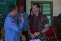U.S. Marine Corps Gunnery Sgt. James D. Arbuthnot takes part in the Explosive Ordnance Disposal (EOD) Level 2 graduation ceremony for EOD Technicians with Cambodian Mine Action Center during Humanitarian Mine Actions (HMA) Cambodia in Kampong Chhnang, Cambodia, Aug 2, 2019. HMAs are reoccurring events that instruct partner nations’ on tactics, techniques and procedures. This instruction on EOD and tactical combat casualty care capabilities will save lives and relieve human suffering. (U.S. Marine Corps photo by Sgt Stephanie Cervantes)