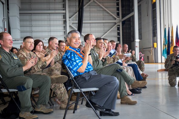 Governor of Hawaii, David Ige, observes an assumption of command ceremony Aug. 4, 2019, at Joint Base Pearl Harbor-Hickam.