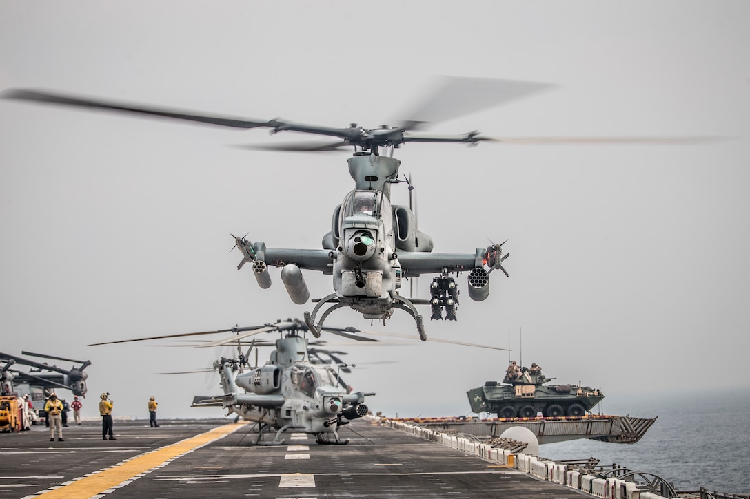 AH-1Z Viper helicopter attached to Marine Medium Tiltrotor Squadron (VMM) 163 (Reinforced), 11th Marine Expeditionary Unit, takes off during strait transit aboard USS Boxer, Strait
of Hormuz, August 12, 2019