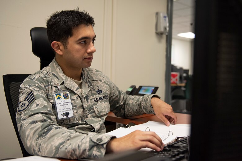 Staff Sgt. Eric Kobylanski, 8th Logistics Readiness Squadron Traffic Management Office quality assurance inspector checks inbound and outbound shipments for Wolf Pack personnel at Kunsan Air Base, Republic of Korea, Aug. 9, 2019. For the first quarter of 2019, the QA section was named the top section in Pacific Air Forces, beating the PACAF average of 87 percent with a 100 percent. (U.S. Air Force photo by Staff Sgt. Mackenzie Mendez)
