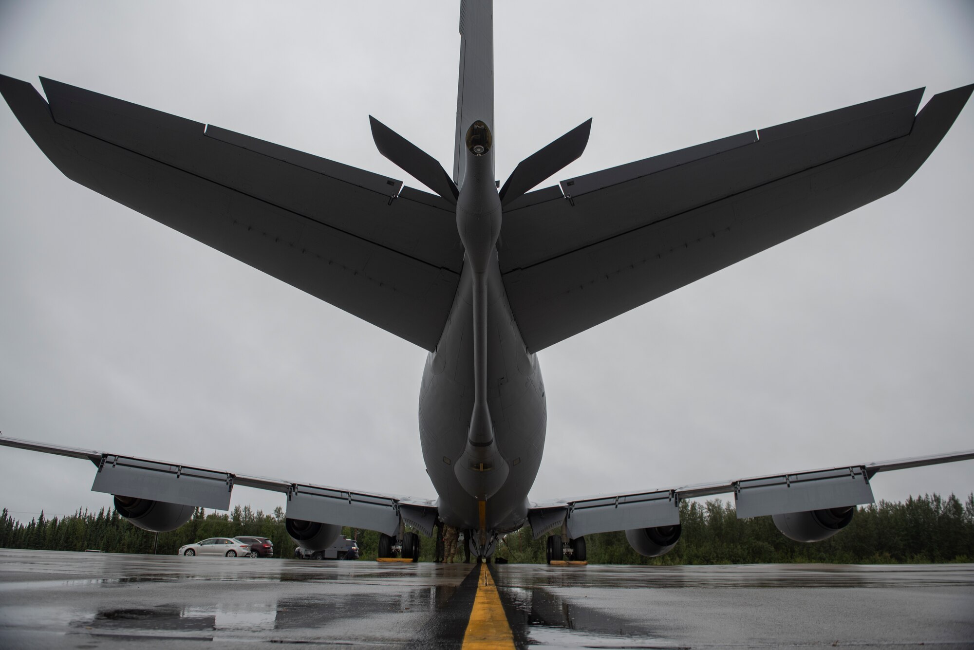 U.S. Airmen assigned to the 909th Air Refueling Squadron, Kadena Air Base, Japan, prepare for a mission during RED FLAG-Alaska 19-3 at Eielson Air Force Base, Alaska, Aug. 7, 2019.