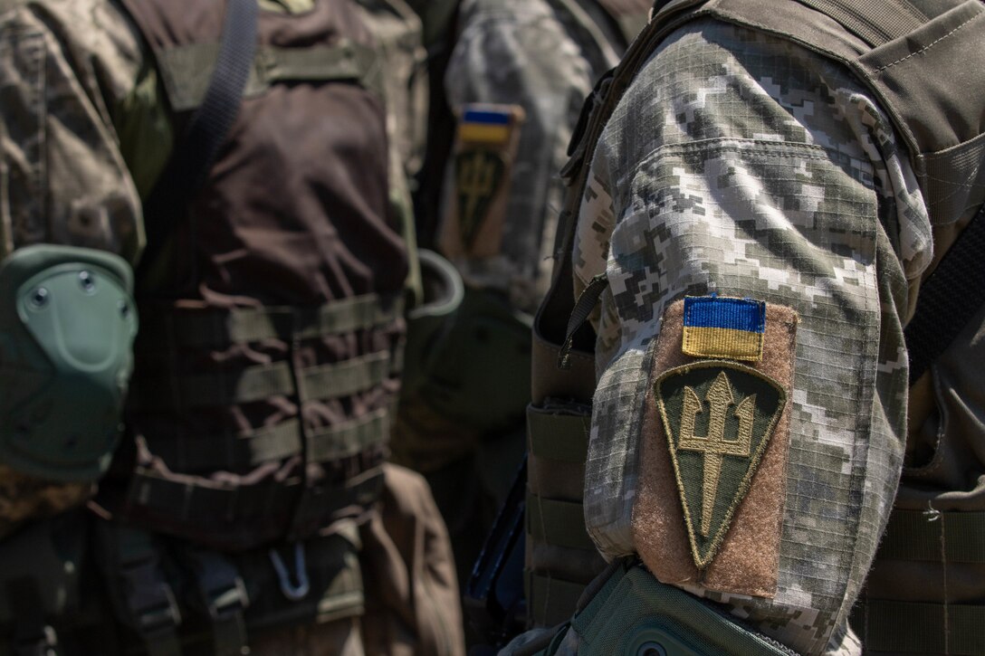 Ukrainian soldiers stand in formation during the closing ceremony of Agile Spirit