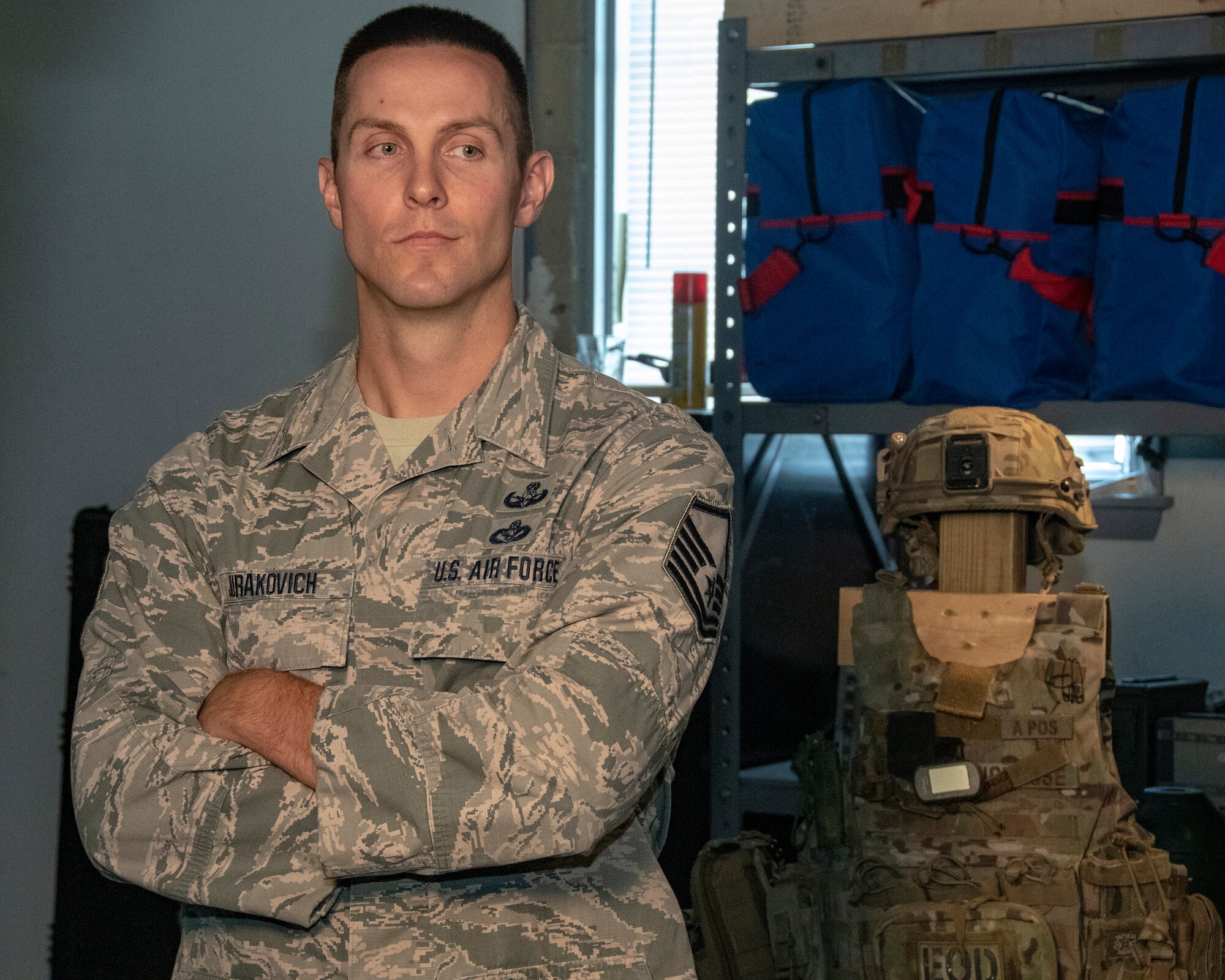 MSgt Mark Jurakovich from the 166th Airlift Wing Explosive Ordinance Disposal Unit, Delaware Air National Guard and the Outstanding Airman of the Year in the category of Senior Noncommissioned officer, poses for photo, Jun 6, 2019. OAY is an ANG command chief program to recognize the best of the best Airman throughout the ANG enterprise. (U.S. Air National Guard photo by Master Sgt. David J. Fenner)