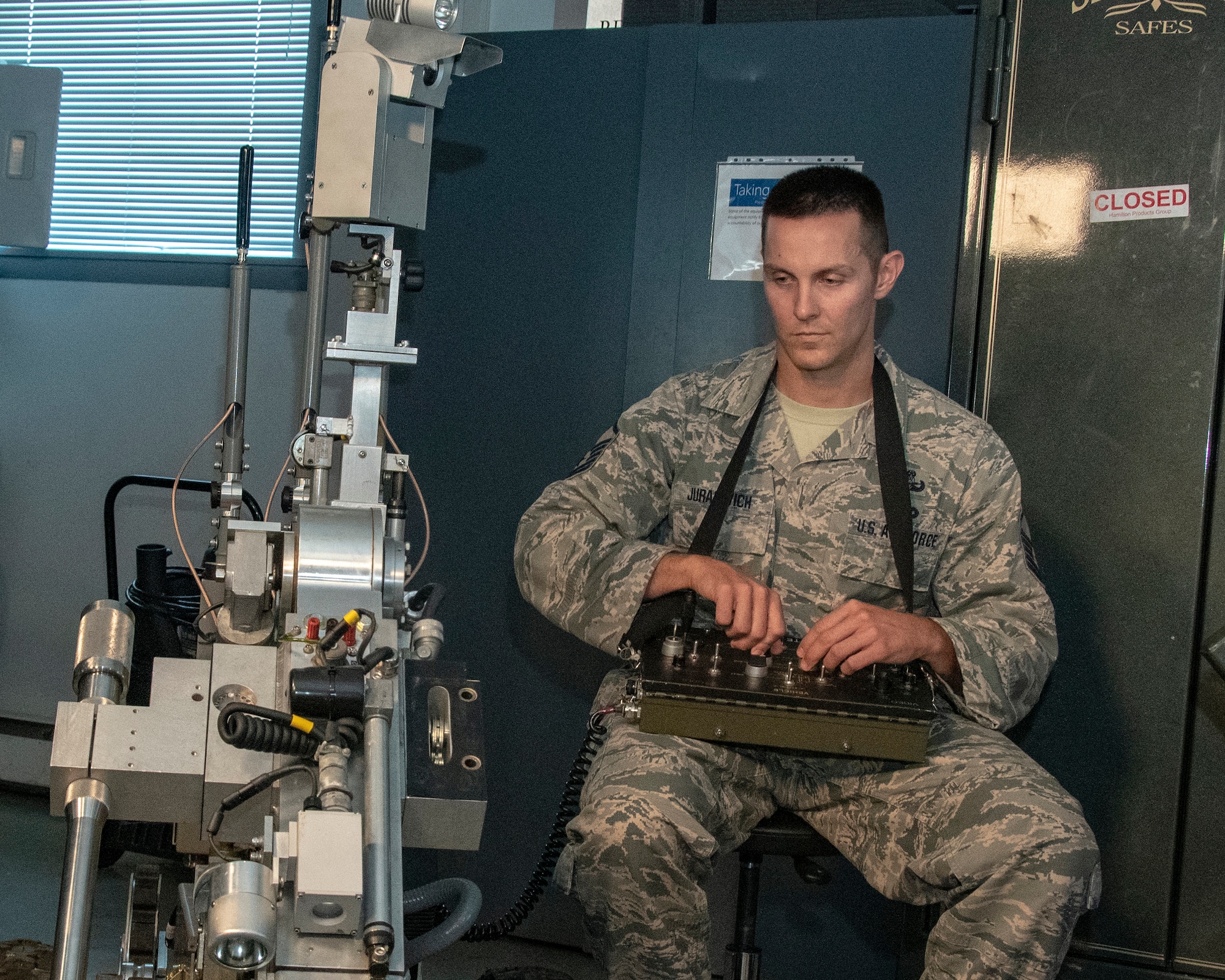 MSgt Mark Jurakovich from the 166th Airlift Wing Explosive Ordinance Disposal Unit, Delaware Air National Guard and the Outstanding Airman of the Year in the category of Senior Noncommissioned officer works with EOD robot, Jun 6, 2019. OAY is an ANG command chief program to recognize the best of the best Airman throughout the ANG enterprise. (U.S. Air National Guard photo by Master Sgt. David J. Fenner)