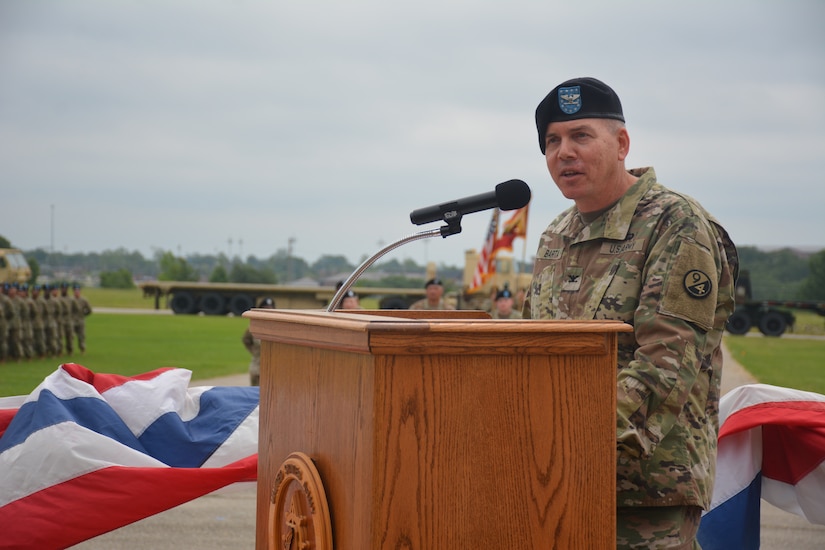 Col. Keith Barta, commander of the 2nd Brigade, 94th Training Division-Force Sustainment, speaks at the 58th Transportation Battalion's re-patching ceremony held at Fort Leonard Wood, Missouri, on June 21, 2019. Once part of the 3rd Chemical Brigade, the 58th TB is an Army Active Duty unit stationed at Fort Leonard Wood. The 58th TB now falls under the 2nd Brigade, 94th TD, under the 80th Training Command (TASS). (Photos by Maj. Ebony Gay, 94th Training Division-Force Sustainment, Public Affairs)