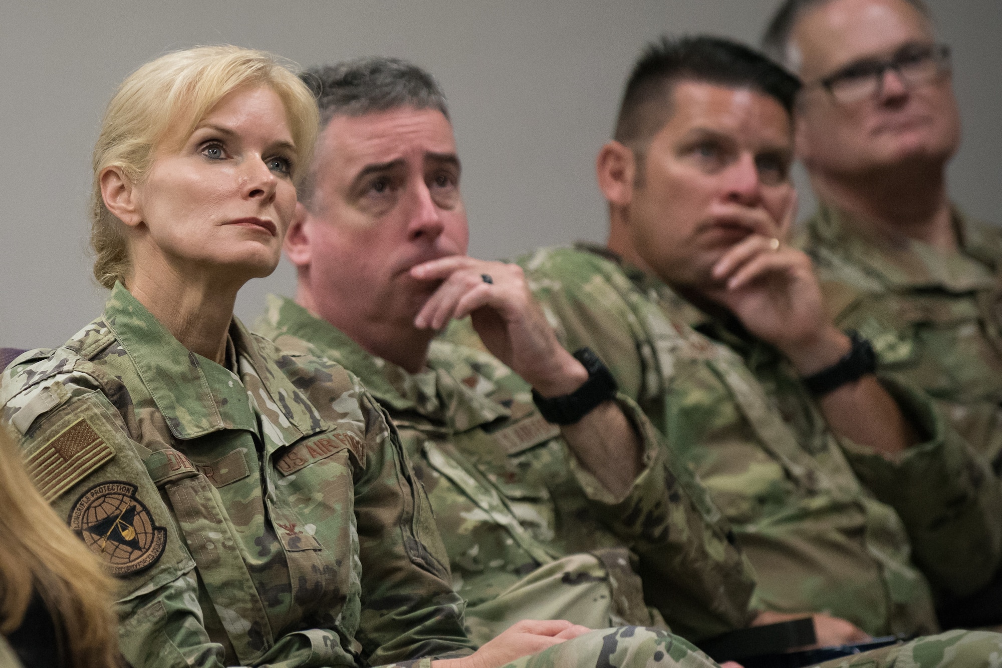 Members of the 123rd Airlift Wing listen to Lt. Gen. L. Scott Rice, director of the Air National Guard, during a town hall meeting at the Kentucky Air National Guard Base in Louisville, Ky. Aug. 10, 2019. Rice took questions from the audience and discussed a variety of topics, including C-130 aircraft modernization, expansion of the Active Guard and Reserve program, and potential drawdowns in the medical service corps. (U.S. Air National Guard photo by Dale Greer)