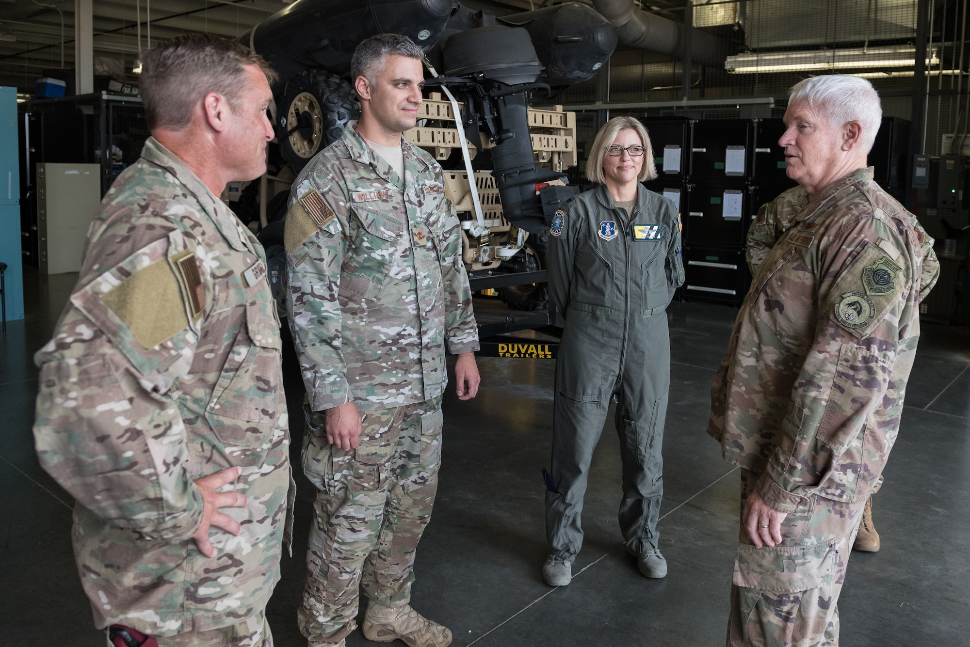Lt. Gen. L. Scott Rice, director of the Air National Guard, speaks with members of the 123rd Special Tactics Squadron and 165th Airlift Squadron during a tour of the Kentucky Air National Guard Base in Louisville, Ky. Aug. 10, 2019. Rice also conducted a town hall meeting and answered questions posed by Kentucky Air Guardsmen. (U.S. Air National Guard photo by Dale Greer)