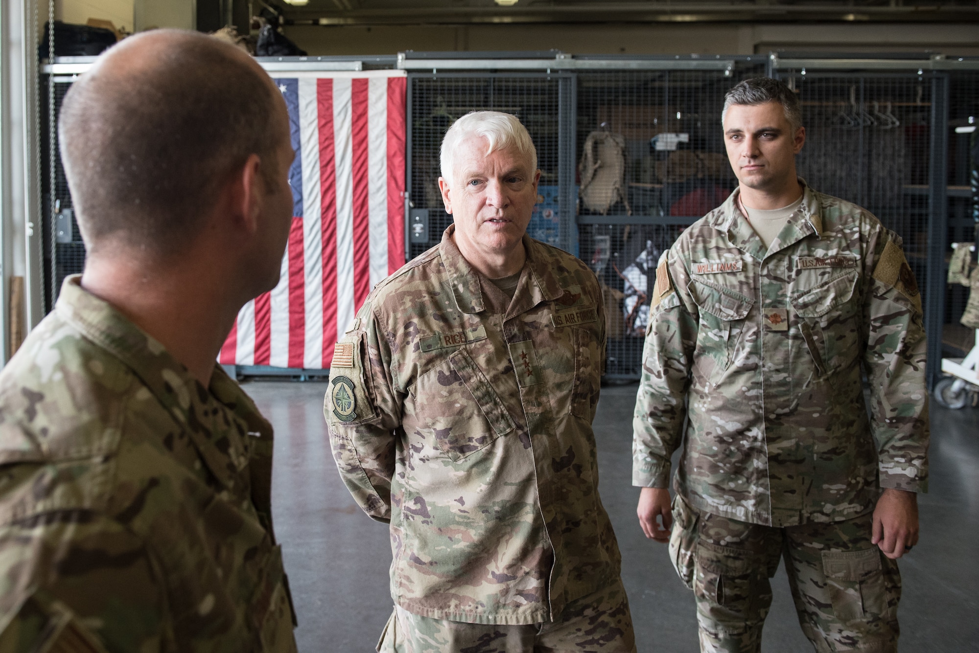 Lt. Gen. L. Scott Rice, director of the Air National Guard, speaks with members of the 123rd Special Tactics Squadron during a tour of the Kentucky Air National Guard Base in Louisville, Ky. Aug. 10, 2019. Rice also conducted a town hall meeting and answered questions posed by Kentucky Air Guardsmen. (U.S. Air National Guard photo by Dale Greer)