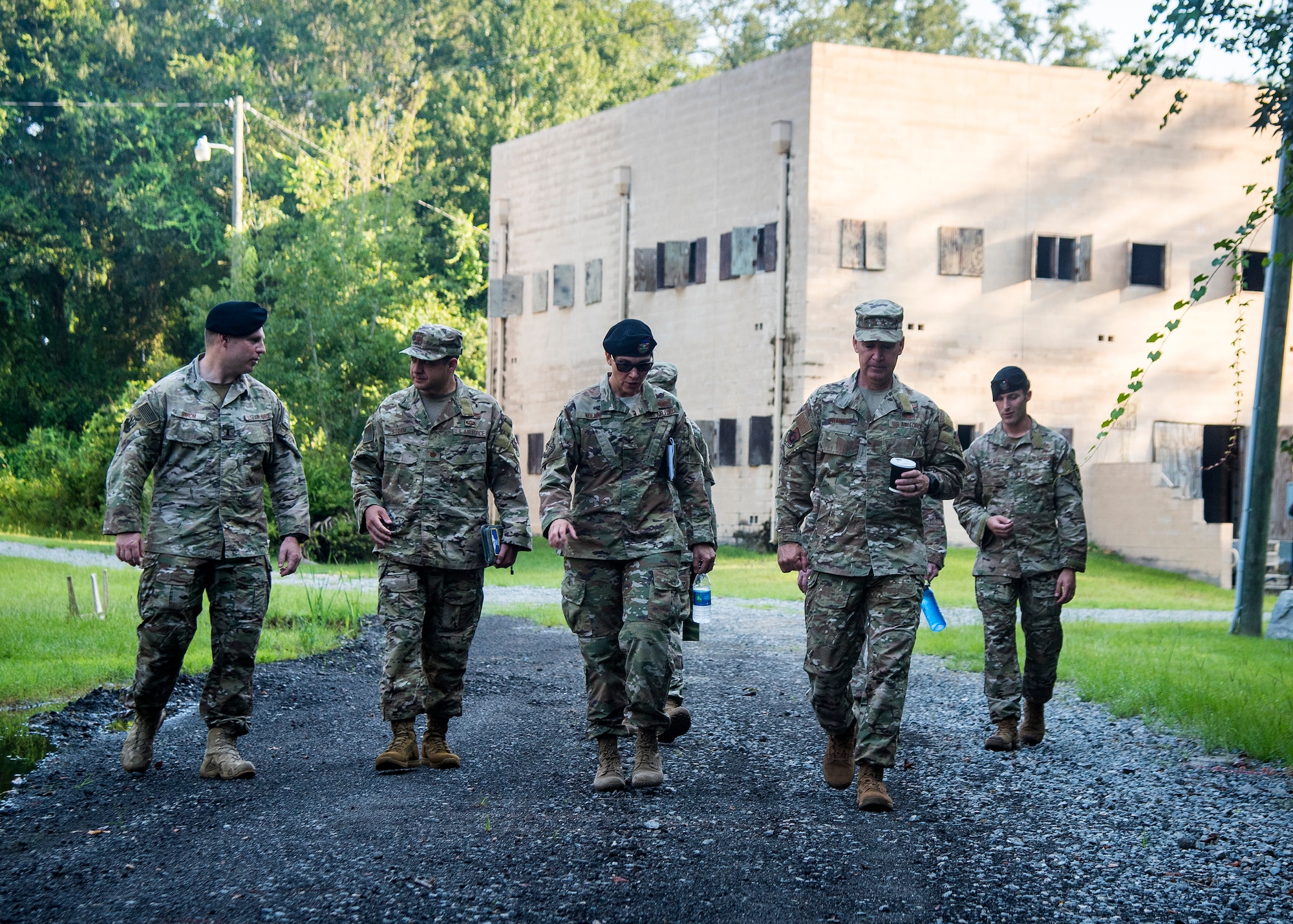 Leadership from the 93d Air Ground Operations Wing, briefs U.S. Air Force Maj. Gen Chad Franks, right, Ninth Air Force commander, Aug. 9, 2019, at Moody Air Force Base, Ga. Franks, who on separate occasions served as the commander for the 23d Wing and 347th Rescue Group, is a command pilot with more than 3,300 hours in multiple aircraft including HC-130J Combat King II and HH-60G Pave Hawk. (U.S. Air Force photo by Airman 1st Class Eugene Oliver)