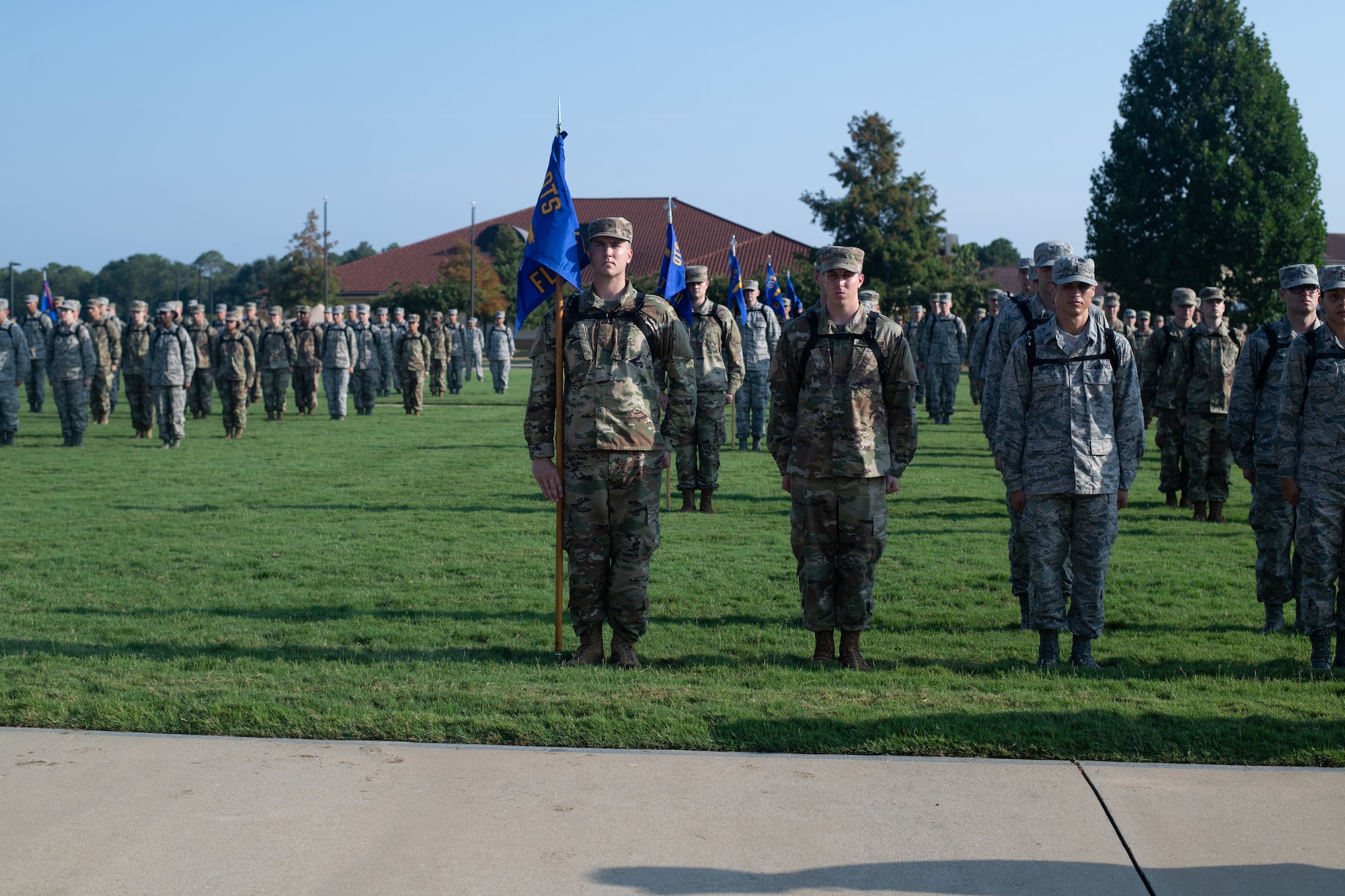 Officer trainees a part of the Air Force’s Officer Training School “Godzilla Class” stand in formation, Aug. 9, 2019, on Maxwell Air Force Base, Alabama. Officer Training School’s class 19-07 is comprised of more than 800 officer trainees and is more than twice the size of an average class at OTS. (U.S. Air Force photo by Airman 1st Class Charles Welty)