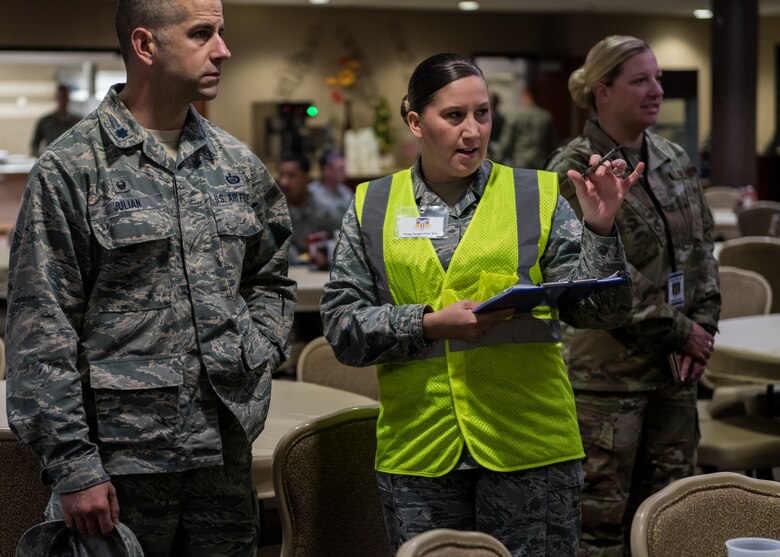 The 910th Airlift Wing’s Personnel Support for Contingency Operations team, made up of 910th Force Support Squadron Reserve Citizen Airmen, simulates a deployment processing line, Aug. 11, 2019, for Youngstown Air Reserve Station’s base-wide training exercise.