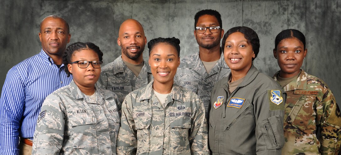 2019 Tinker Air Force Base African American Heritage Committee 
Back row from left: Gary Ratcliffe, Treasurer; Master Sgt. Jonathan Taylor, President; Senior Amn. Tarvei Lyons, Alternate director of activities; Staff Sgt. Lakyra Henderson, Public Relations. 
Front row from left: Senior Amn. Aurora Allen, Director of Activities; Tech. Sgt. Crystal Carr, Vice President; and Amn. First Class Vanessa Barden-Grant, Historian
Not pictured: Beyonka Barfield, Director of Administration; Jade Huff, alternate public relations; Staff Sgt. Courtland Stewart, alternate historian; Kathy Smith, advisor.  
(U.S. Air Force photo illustration/Kelly White)