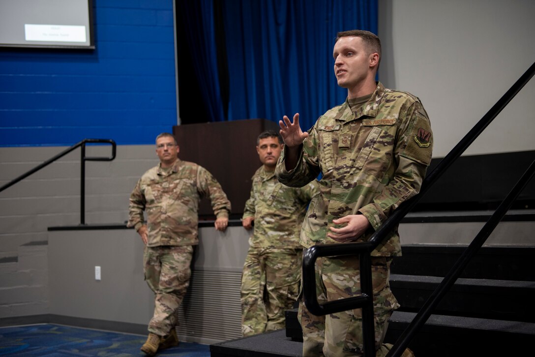 Master Sgt. Paul Kalle, 723d Aircraft Maintenance Unit first sergeant, answers a question during the 2019 First Sergeant Symposium panel held in the Hoffman Auditorium at Moody Air Force Base, Aug. 7-9, 2019. The symposium provided leaders with a better understanding of the roles and responsibilities of a first sergeant.  (U.S. Air Force photo 2nd Lt. Kaylin P. Hankerson)
