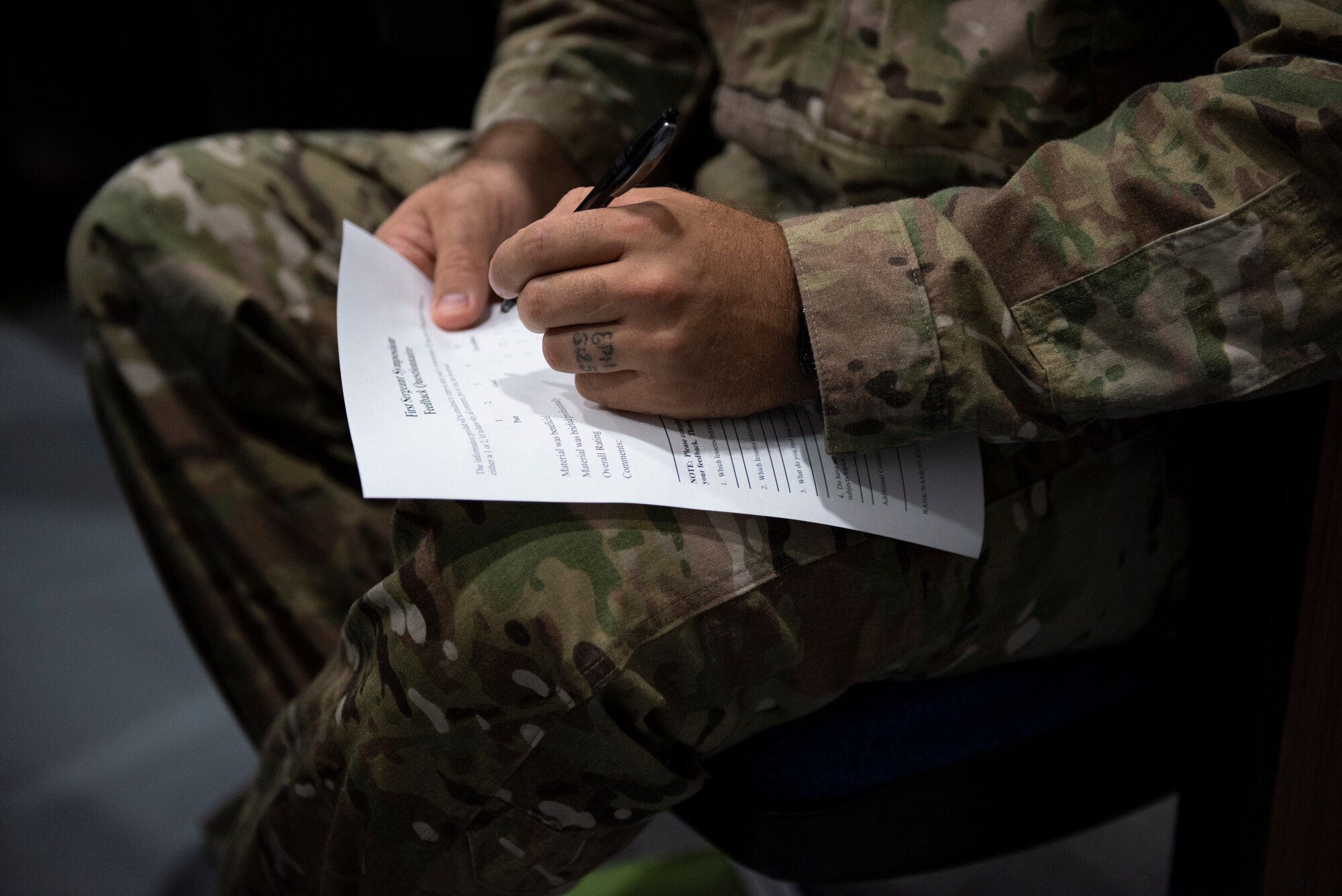 A participant fills out the after action questionnaire for the 2019 First Sergeant Symposium held in the Hoffman Auditorium at Moody Air Force Base, Aug. 7-9, 2019. The symposium provided leaders with a better understanding of the roles and responsibilities of a first sergeant. (U.S. Air Force photo 2nd Lt. Kaylin P. Hankerson)