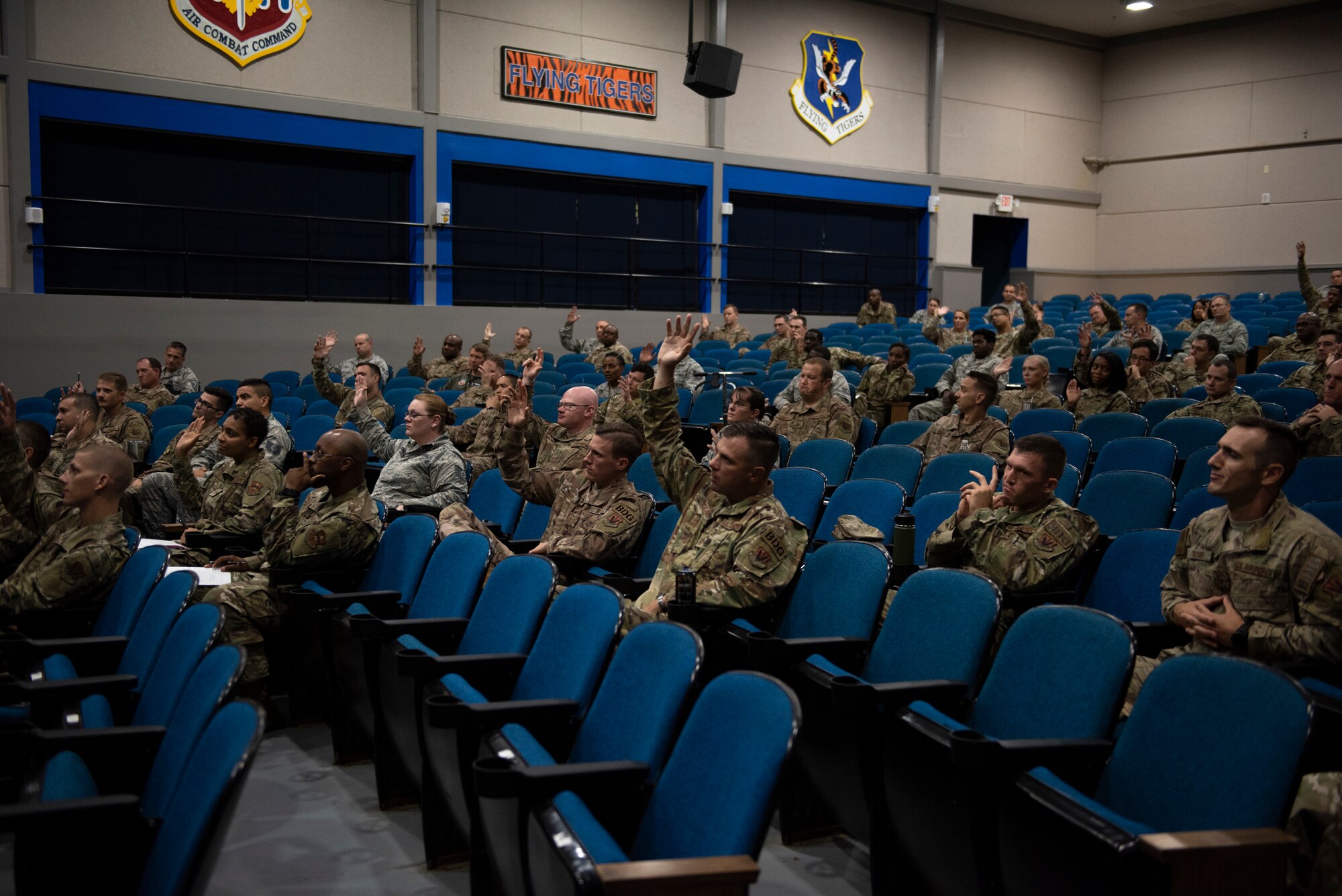 Moody senior noncommissioned officers participate in the 2019 First Sergeant Symposium held in the Hoffman Auditorium at Moody Air Force Base, Aug. 7-9, 2019. The symposium provided leaders with a better understanding of the roles and responsibilities of a first sergeant.  (U.S. Air Force photo 2nd Lt. Kaylin P. Hankerson)