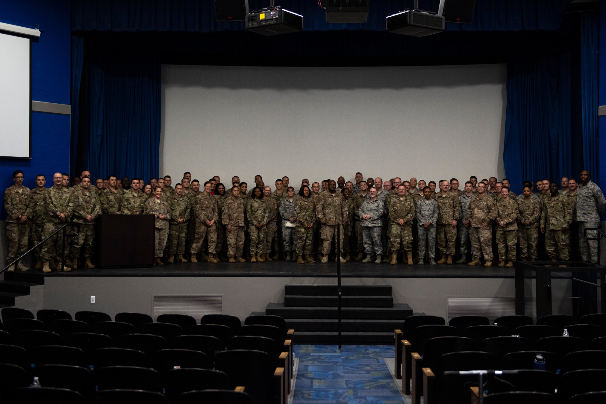 Moody senior noncommissioned officers pose for a group photo after receiving their certificates for completing the 2019 First Sergeant Symposium held in the Hoffman Auditorium at Moody Air Force Base, Aug. 7-9, 2019. The symposium provided leaders with a better understanding of the roles and responsibilities of a first sergeant.  (U.S. Air Force photo 2nd Lt. Kaylin P. Hankerson)