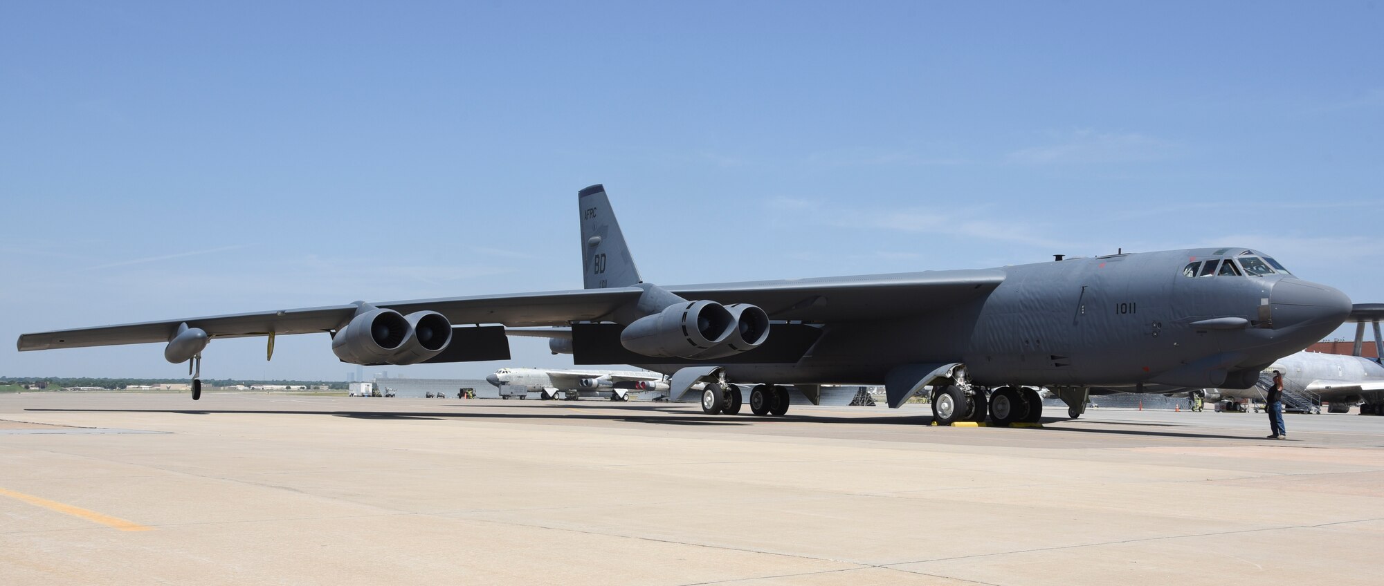 B-52H Stratofortress, serial # 61-0011, arrives at Tinker Air Force Base, Oklahoma on July 17, 2019 for induction to major overhaul by the Oklahoma City Air Logistics Complex after a ferry flight from San Antonio, Texas. 61-0011 was flown gear-down by a crew from the 10th Flight Test Squadron, Air Force Reserve Command, from Boeing's facility after receiving 'milk-bottle' replacements to extend the service life of the aircraft by replacing the wing-attachment points. (U.S. Air Force photo/Greg L. Davis)