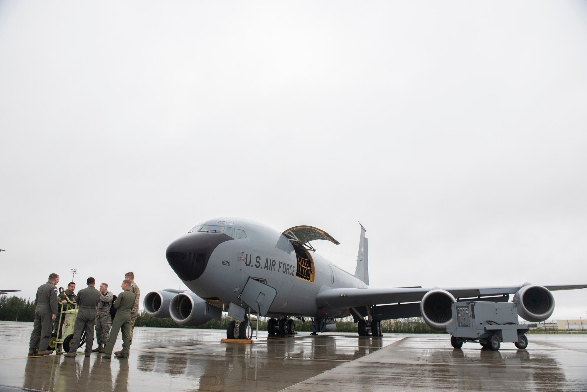 U.S. Airmen assigned to the 909th Air Refueling Squadron, Kadena Air Base, Japan, prepare for a mission during RED FLAG-Alaska 19-3 at Eielson Air Force Base, Alaska, Aug. 7, 2019.