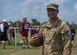 U.S. Army Chief Warrant Officer Darrell Busquets, 2nd Battalion, 224th Aviation Regiment UH-60 Black Hawk instructor pilot, holds a football during USAA’s Salute to Service NFL Boot Camp event at the Bon Secours Washington Redskins Training Center, Richmond, Virginia, Aug. 6, 2019.