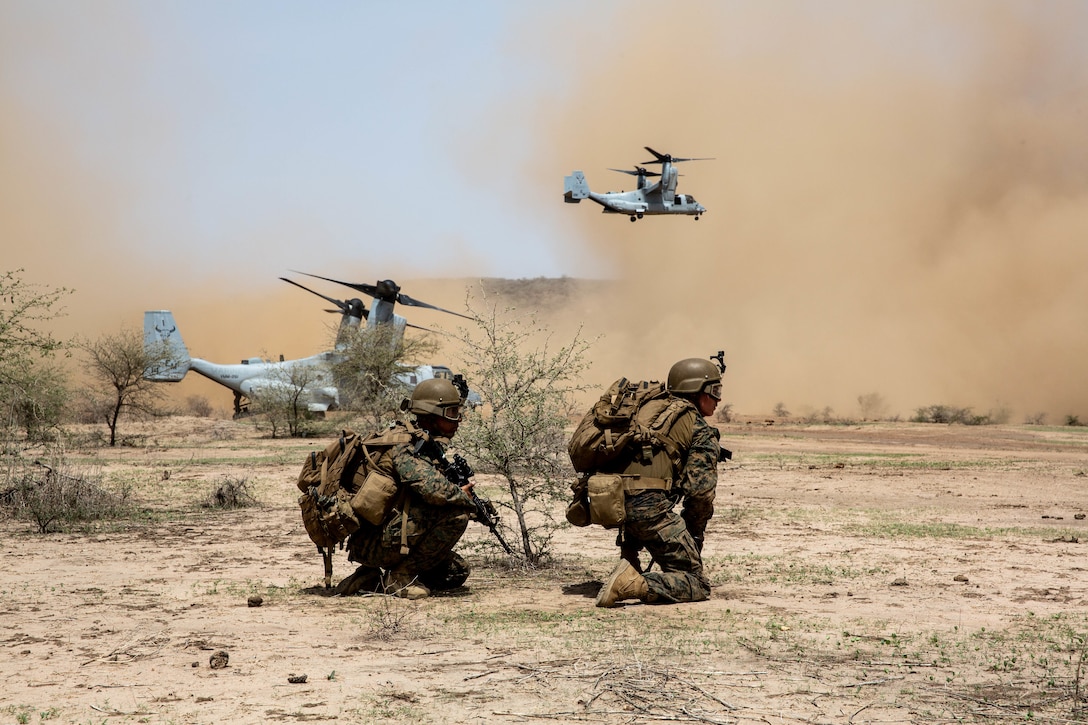 U.S. Marines with Special Purpose Marine Air-Ground Task Force-Crisis Response-Africa 19.2, Marine Forces Europe and Africa, prepare to extract from a landing zone during a quick response force, full mission profile rehearsal in Thiés, Senegal, Aug. 5, 2019. The rehearsal increased the Marines’ ability to conduct link-up procedures, on scene and in-route trauma stabilization, and offensive and defensive operations. SPMAGTF-CR-AF is deployed to conduct crisis-response and theater-security operations in Africa and promote regional stability by conducting military-to-military training exercises throughout Europe and Africa.