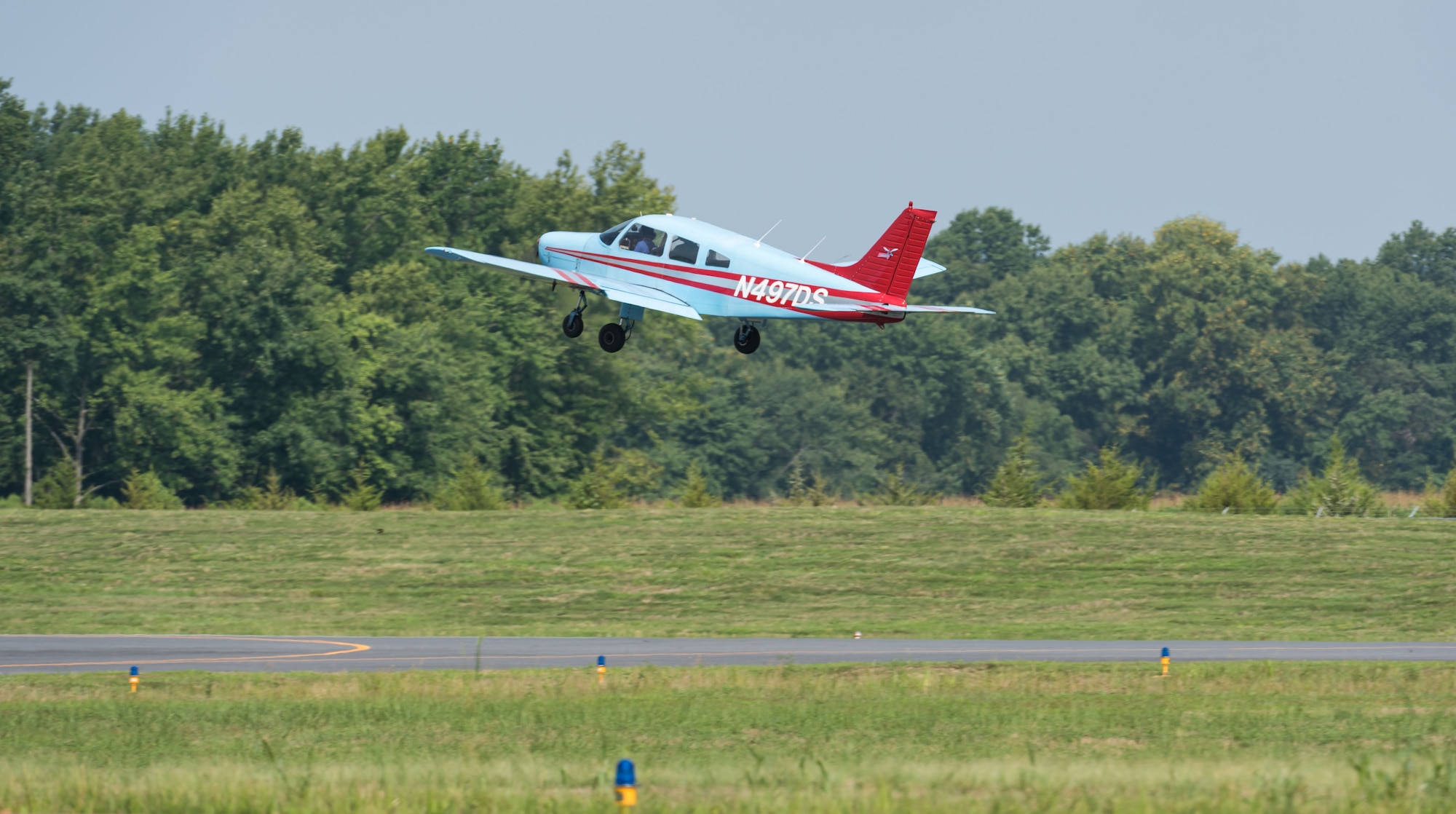 A Piper Warrior aircraft takes off Aug. 6, 2019, at Delaware Airpark in Cheswold, Del. The Delaware State University aviation program has 10 Piper Warrior aircraft that are used by cadets who attended the Air Force Junior Reserve Officers’ Training Corps Summer Flight Academy held at DSU in Dover, June 17 through August 8, 2019. (U.S. Air Force photo by Roland Balik)