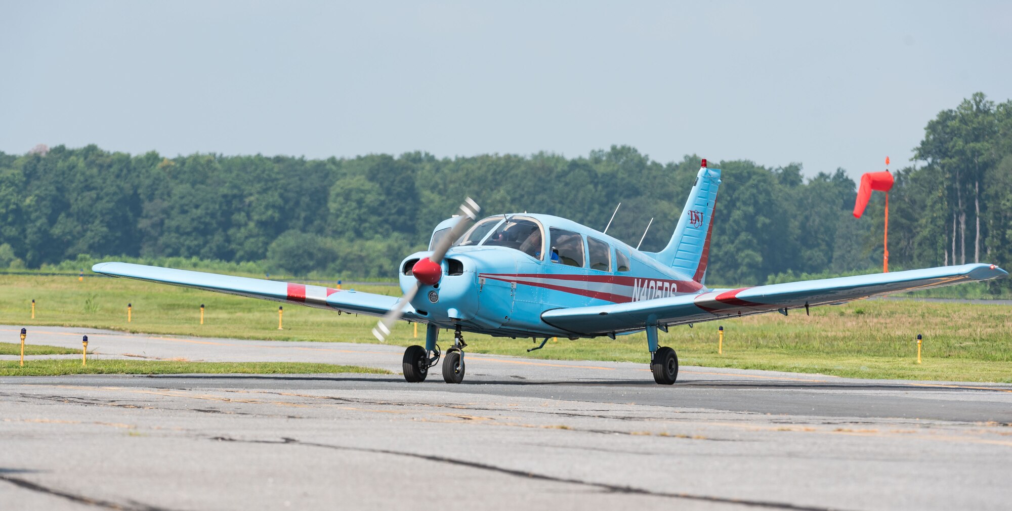 A Piper Warrior aircraft taxis off the runway Aug. 6, 2019, at Delaware Airpark in Cheswold, Del. The Delaware State University aviation program has 10 Piper Warrior aircraft that were used by cadets who attended the Air Force Junior Reserve Officers’ Training Corps Summer Flight Academy held at DSU in Dover, June 17 through August 8, 2019. (U.S. Air Force photo by Roland Balik)