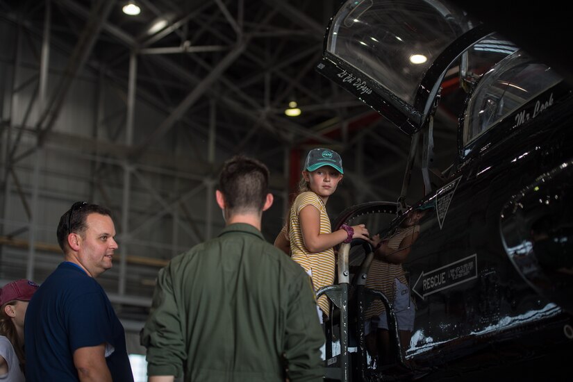 U.S. Air Force Capt. Stephen Tesauro, 71st Fighter Squadron T-38 mission commander, talks about the T-38 Talon during NASA Youth Day at the Langley Research Center, Virginia, Aug. 13, 2019.