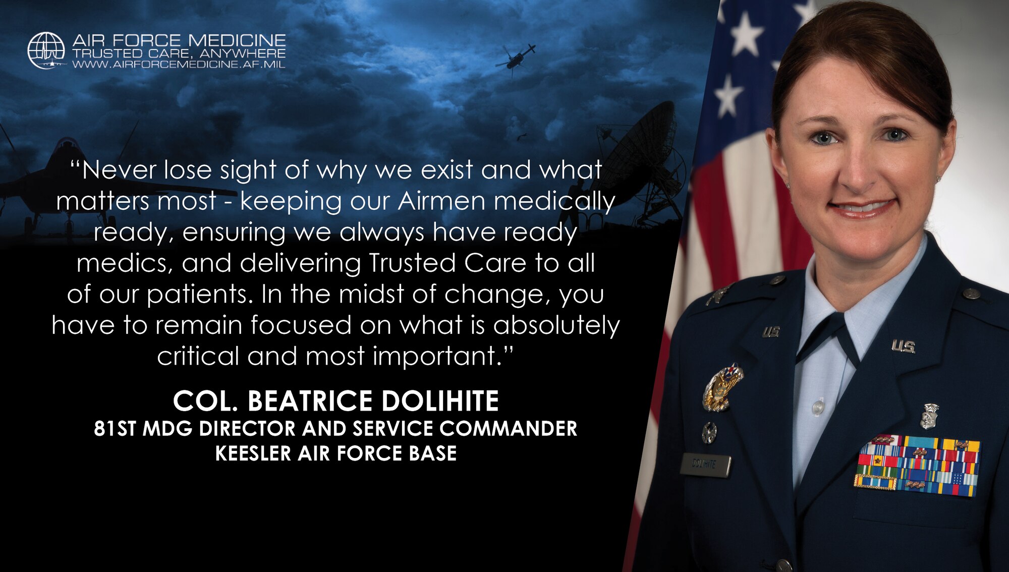 Col. Beatrice Dolihite, 81st Medical Group director and service commander, Keesler Air Force Base, Mississippi, reflects on her experience as the commander of one of the first military treatment facilities to move to the Defense Health Agency on Oct. 1, 2018. (U.S. Air Force illustration)