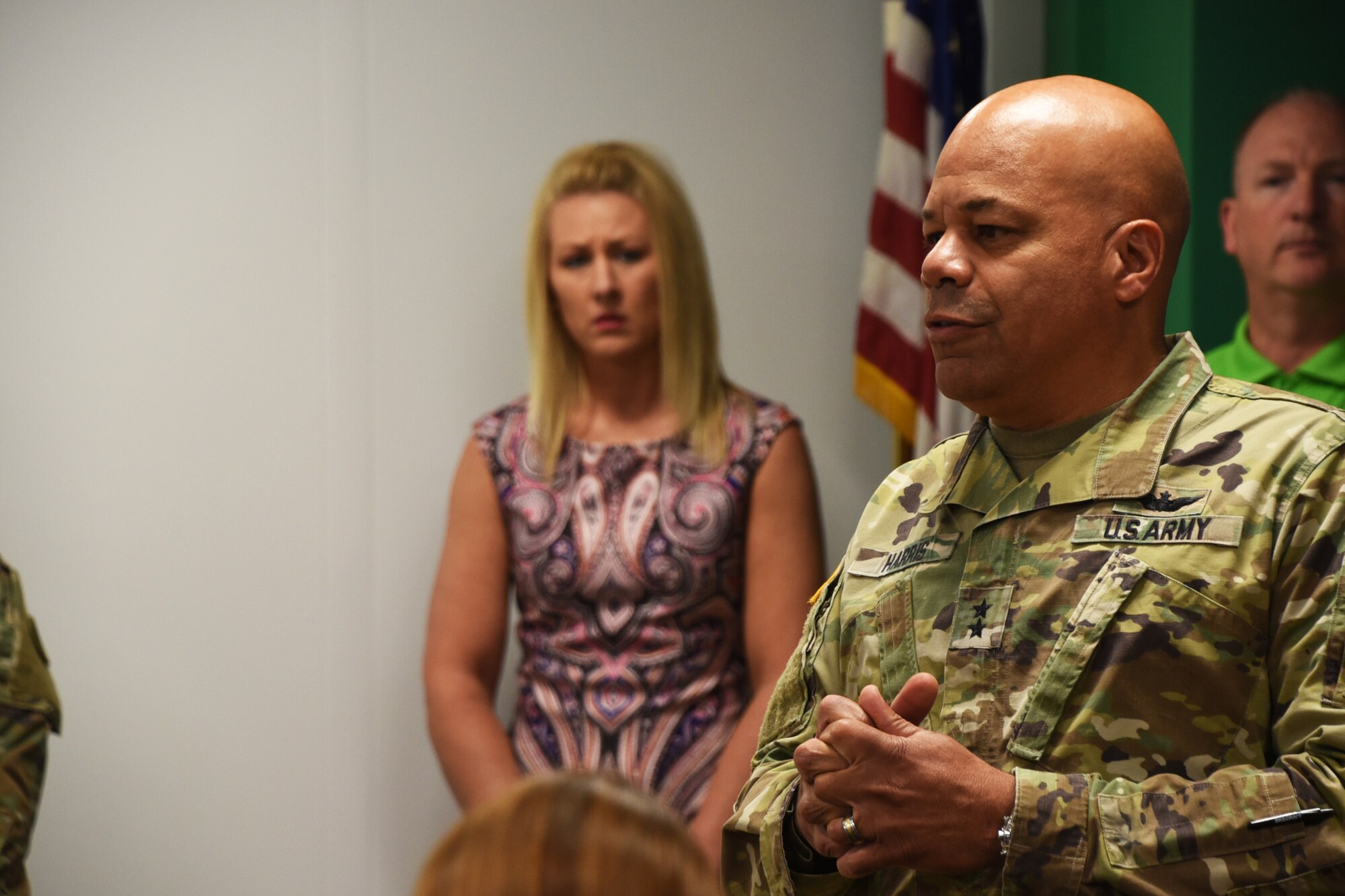 U.S. Army National Guard Maj. Gen. John C. Harris, Ohio Adjutant General, spoke to volunteer members during GuardCare Weekend Aug. 11, 2019, at the Buckeye Career Center, New Philadelphia, Ohio. During the event both service members from the Ohio Army and Air National Guard provided health services to the local and surrounding New Philadelphia population. (U.S. Air National Guard photo by Senior Airman Gwendalyn Smith)